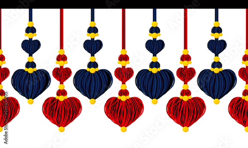 Seamless vector border pattern, horizontal line. Tassels with yarn or tread hearts, beads, ropes on white background. Abstract design, red and black colors. Template for headers, cards, paper tapes