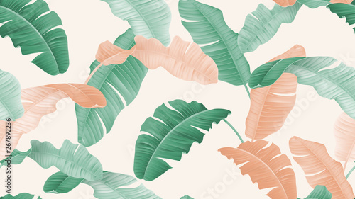 Tropical plants seamless pattern, green and orange banana leaves on light brown background, pastel vintage theme