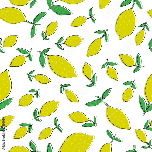 Hand drawn Lemon seamless pattern with leaves.
