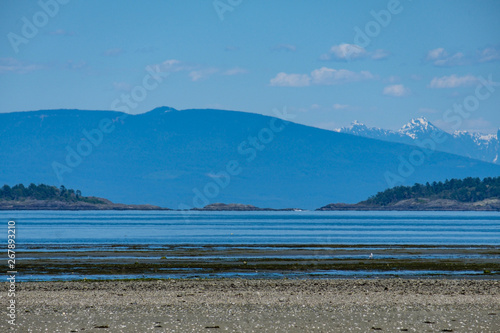 sandy beach by the sea at low tide with island over horizon and mountain range in the background