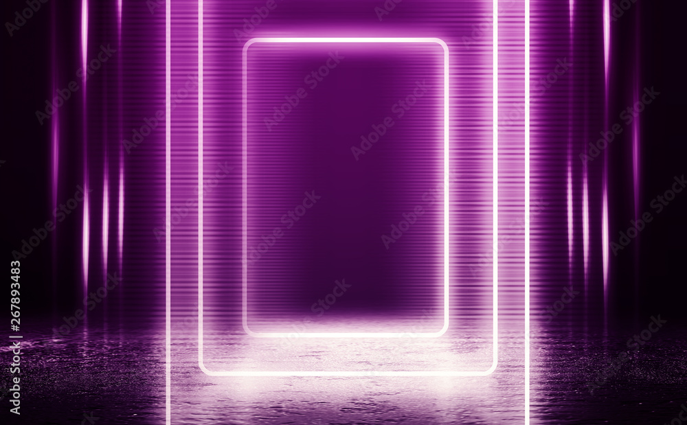 Empty background scene. Dark street, a reflection of a rectangle on the wet asphalt. Neon light in the dark, smoke. Night view of the street, the city. Abstract dark purple background. Empty background scene. Dark street, a reflection of a rectangle on the wet asphalt. Neon light in the dark, smoke. Night view of the street, the city. Abstract dark purple background.