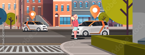 cars with location pin on road online ordering taxi car sharing concept mobile transportation woman using carsharing service modern city street cityscape background flat horizontal