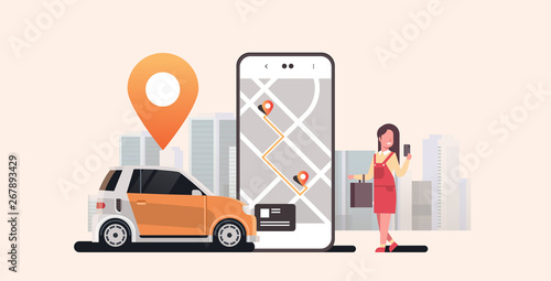 woman using mobile app ordering automobile vehicle with location mark rent car sharing concept transportation carsharing service modern cityscape background horizontal