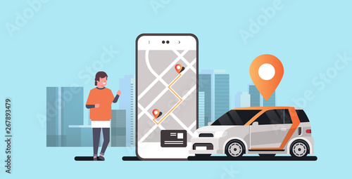man using mobile app ordering automobile vehicle with location mark rent car sharing concept transportation carsharing service modern cityscape background horizontal