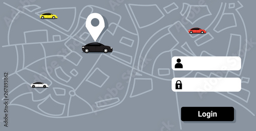 cars with location pin on city map online ordering taxi car sharing concept mobile application transportation carsharing service app sketch doodle horizontal