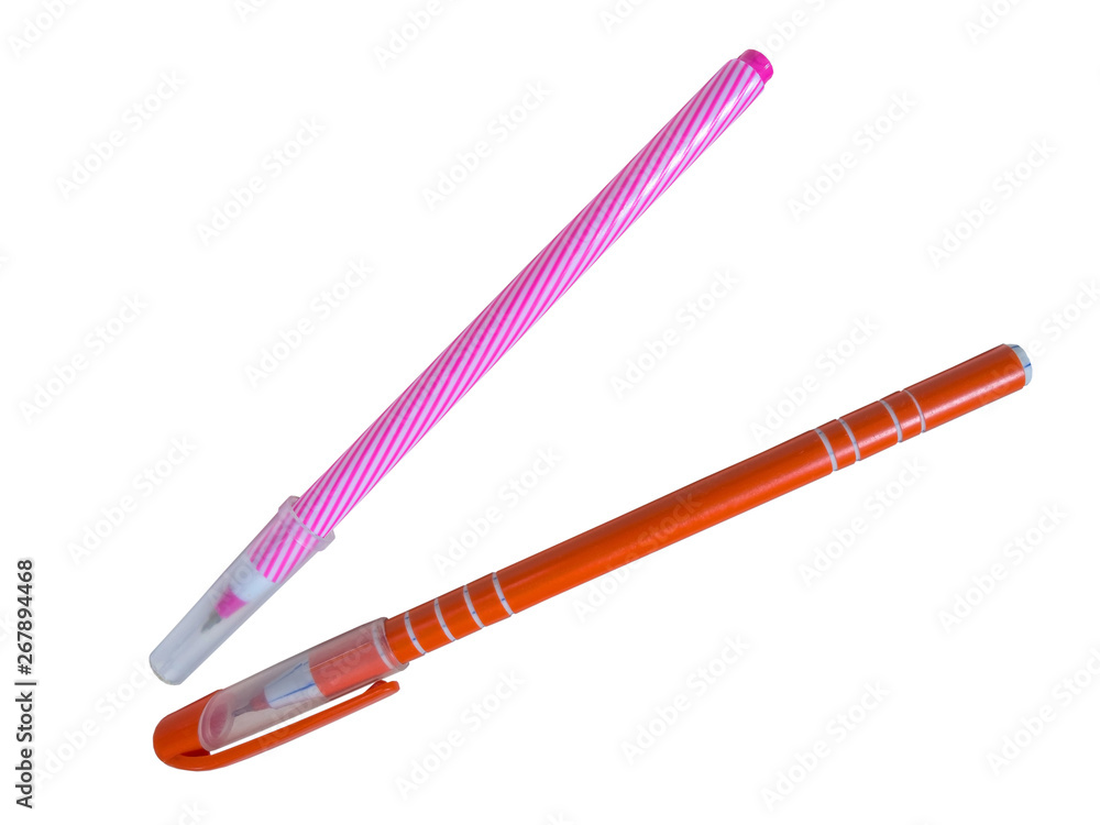 Orange and pink pen on white background Orange and pink pen on white background