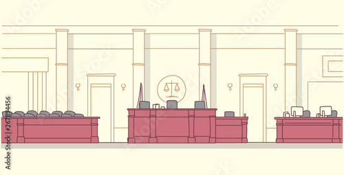 empty courtroom with wooden furniture judge and secretary workplace jury box seats modern courthouse interior justice and jurisprudence concept horizontal banner sketch doodle