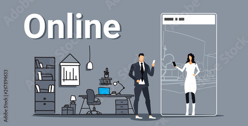 man chatting with elegant woman in smartphone screen online chat concept couple using mobile application workplace office interior colorful sketch horizontal full length