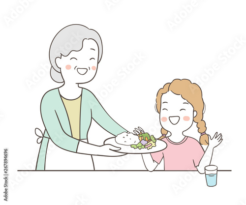 Draw elderly senior grandmother serving food to girl .