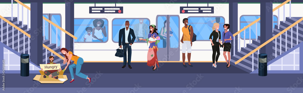 man begging for help girl giving money to beggar with sign board homeless concept mix race passengers at subway railway underground station standing on platform flat horizontal full length man begging for help girl giving money to beggar with sign board homeless concept mix race passengers at subway railway underground station standing on platform flat horizontal full length