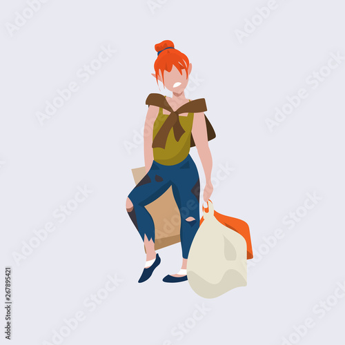 redhead poor woman beggar standing with bags tramp bum girl begging homeless jobless concept flat full length