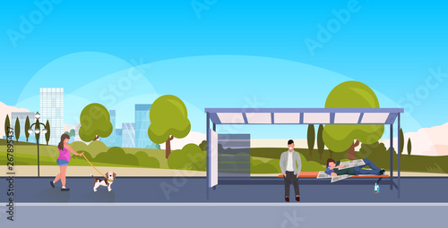 drunk beggar bum sleeping outdoor city bus station homeless concept man passenger waiting public transport girl walking with dog landscape background horizontal full length