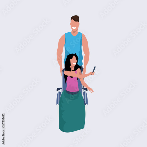 young man volunteer pushing woman sitting in wheelchair guy strolling assisting girl disabled people concept flat full length