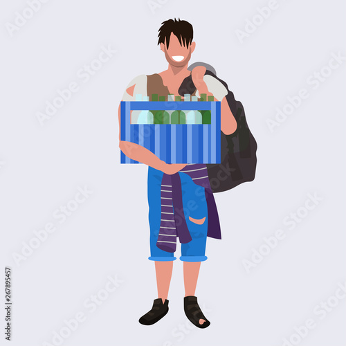 poor man beggar holding box with bottles tramp bum guy begging homeless jobless concept flat full length