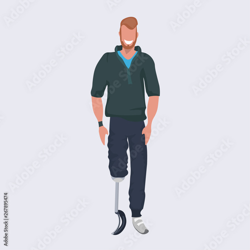 disabled smiling man with prosthesis artificial leg standing pose flat full length