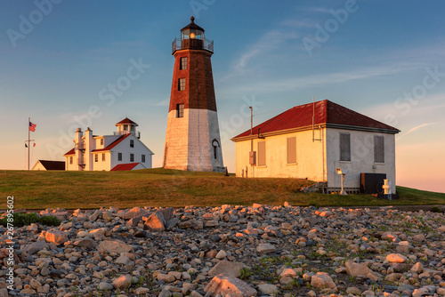 Obraz na płótnie Famous Rhode Island Lighthouse at sunset, Point Judith lighthouse, Rhode Island, USA. w salonie