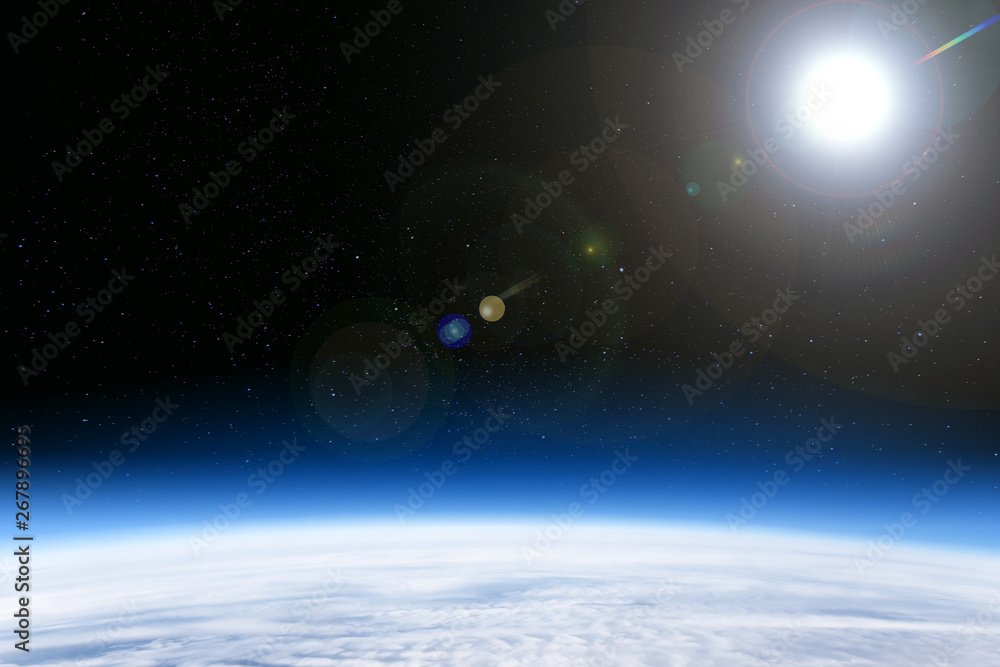 blue earth planet globe and black outer space with sun and stars over horizon of cloudy sky aerial view from universe of astronomy nature landscape background light design concept wallpaper