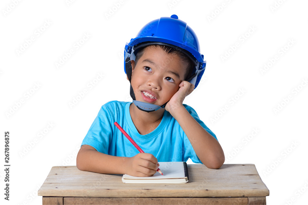 Asian children wearing safety helmet and thinking isolated on white background. Kids and education concept Asian children wearing safety helmet and thinking isolated on white background. Kids and education concept
