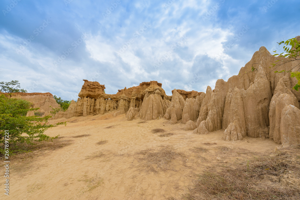 landscape of soil textures eroded sandstone pillars, columns and cliffs, 