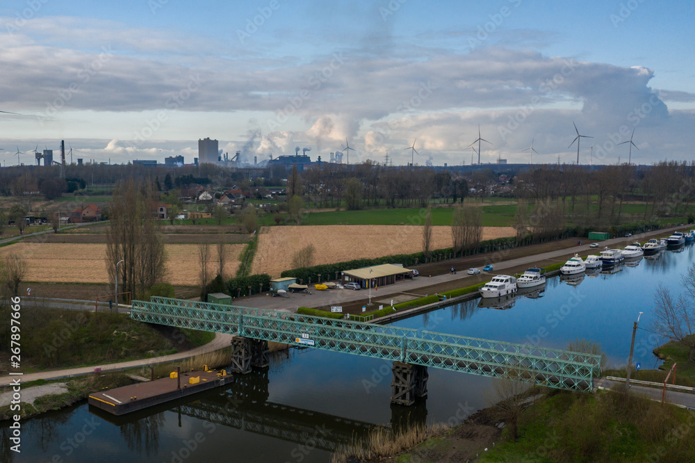 Aerial view of the Spanjeveerbrug, a bailey bridge over the Moervaart canal, in Mendonk, Belgium