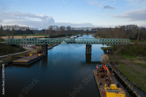 Aerial view of the Spanjeveerbrug, a bailey bridge over the Moervaart canal, in Mendonk, Belgium