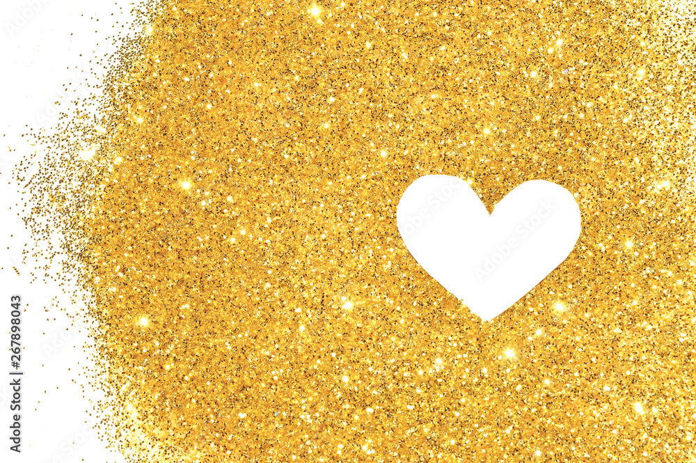 White heart on golden glitter sparkles on white background