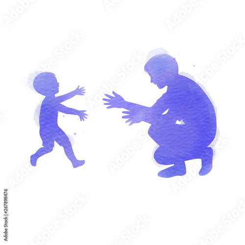 Father with son silhouette plus abstract watercolor painted. Happy father's day. Digital art painting. Vector illustration.