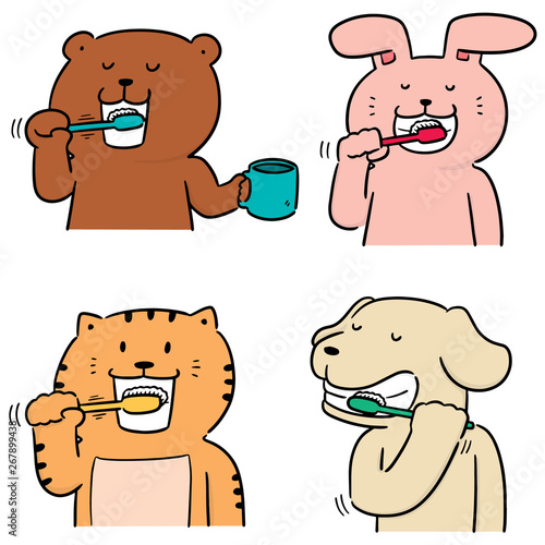 vector set of animal brushing teeth
