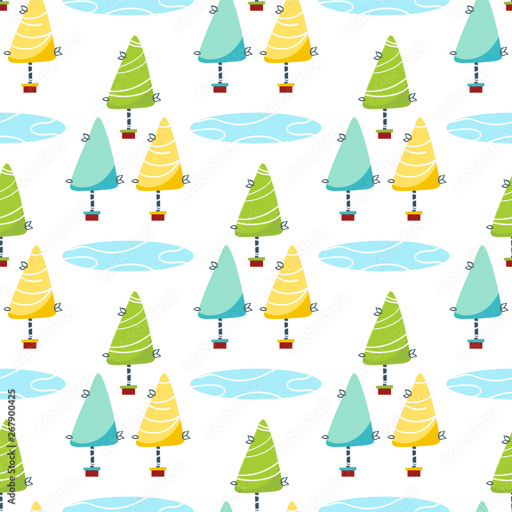 Vector seamless, endless pattern. Cute birch trees with leaves in flower pot. Abstract design, perfect for fabric, cotton, textile, texture background, wallpaper, kids ornament Vector seamless, endless pattern. Cute birch trees with leaves in flower pot. Abstract design, perfect for fabric, cotton, textile, texture background, wallpaper, kids ornament