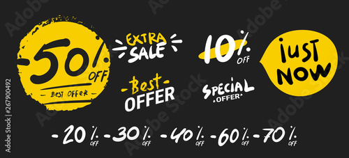 Sale banner. Super mega discounts. Sale arrow tag icons. Discount special offer. 50 , 60 , 70 and 80 percent sale signs. Black friday discounts. Cyber monday. Vector