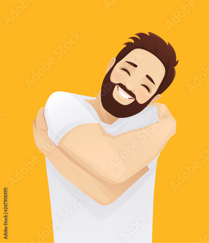 Happy handsome smiling man hugging himself with enjoying face isolated on yellow background. Love by yourself vector illustration