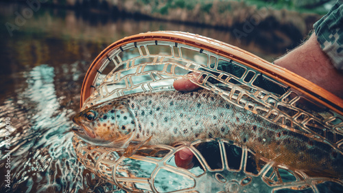 Obraz na plátně Beautiful brown trout in fishing landing net