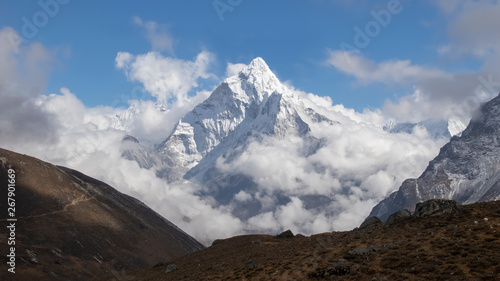 Ama dablam is a mountain in the Himalaya range of eastern Nepal. The main peak is 6 812 metres.Ama dablam is one of the most beautiful mountain in the World as the    Matterhorn of the Himalaya   