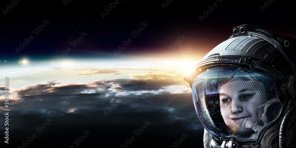 Little astronaut on planet orbit Little astronaut on planet orbit