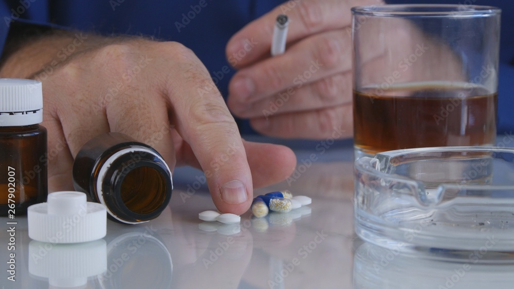 Image with Man Taking Medical Pills with Alcohol and Smoking Cigarette