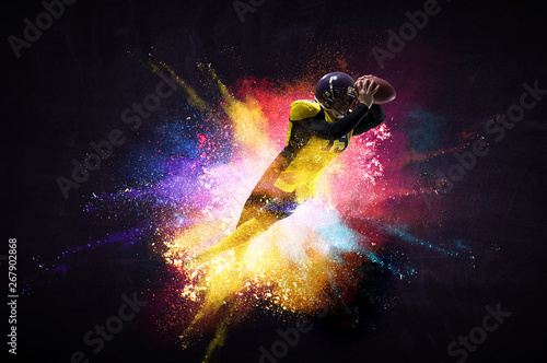 American football player in action. Mixed media