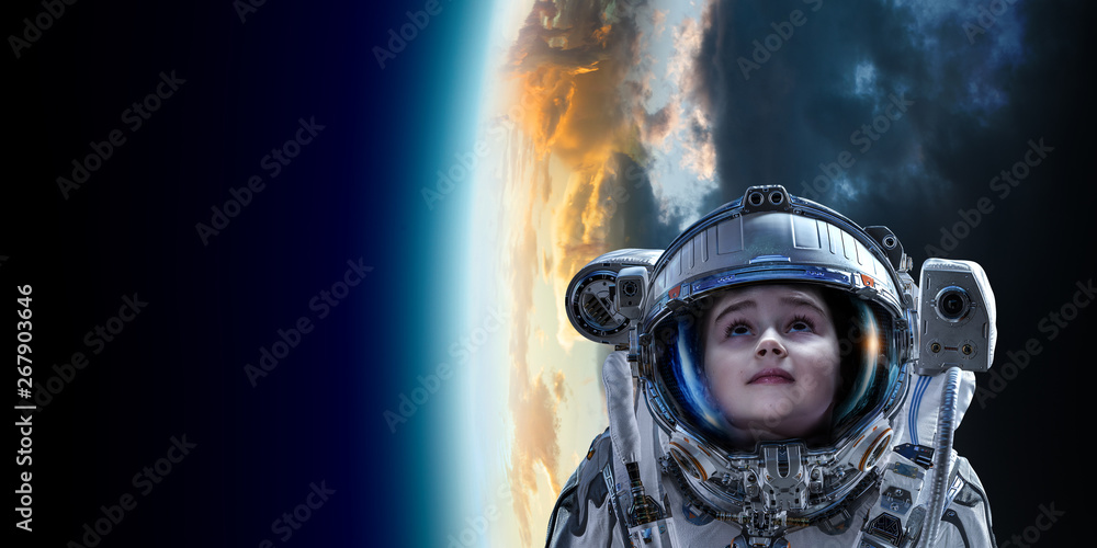 Little astronaut on planet orbit Little astronaut on planet orbit