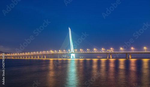 Night scenery of Shenzhen Bay Highway Bridge, Guangdong Province, China