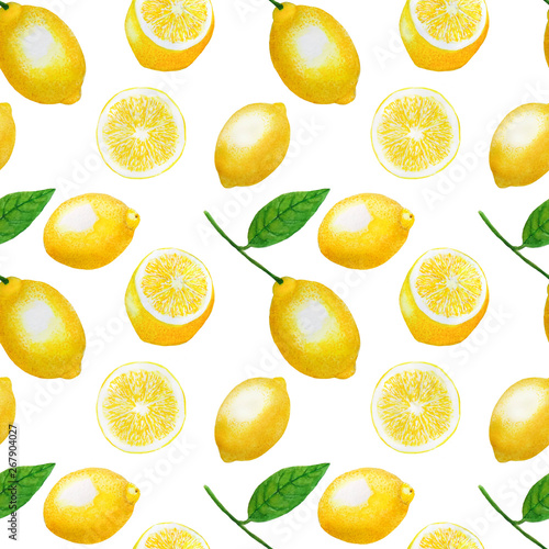 Lemons Watercolor Fruits Citrus Pattern Digital paper seamless illustration set of summer botanical decorations greeting card design