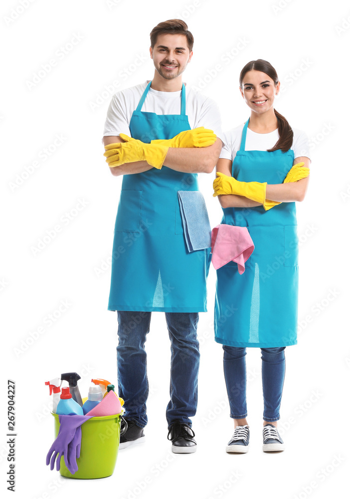 Team of janitors on white background Team of janitors on white background