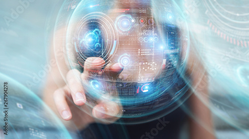 Woman using digital technological interface with datas 3D rendering