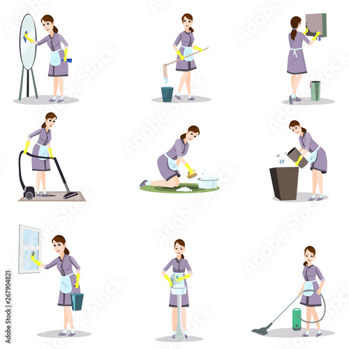 Set of cleaning woman in different poses and home situations