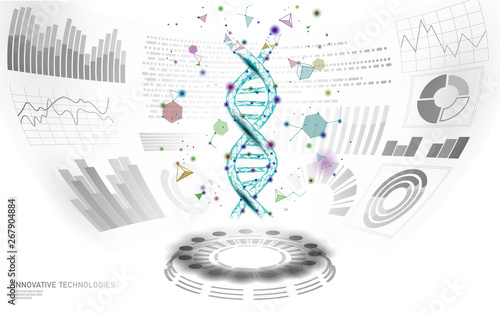 3D low poly gene therapy DNA HUD UI display. Future polygonal triangle point line healthy Blue abstract medicine genome engineering vector illustration future business technology