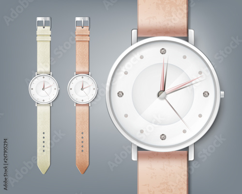 Vector woman's watch with gem, isolated close up on gray background