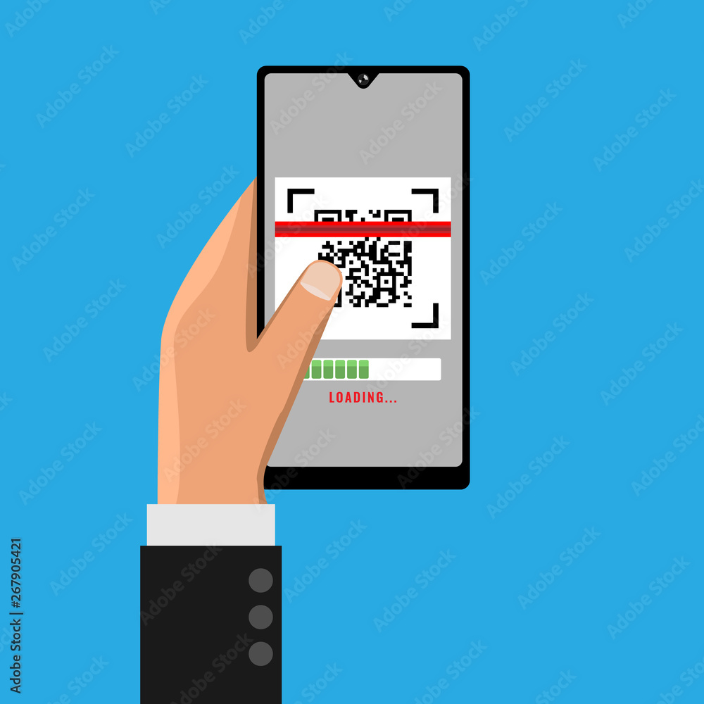 Hand holding smartphone and scanning QR code. illustration.. Hand holding smartphone and scanning QR code. illustration..