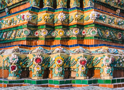 Wat Pho Colourful tiles floral pattern Mosaic on Pagoda Temple Landmark Bangkok Thailand