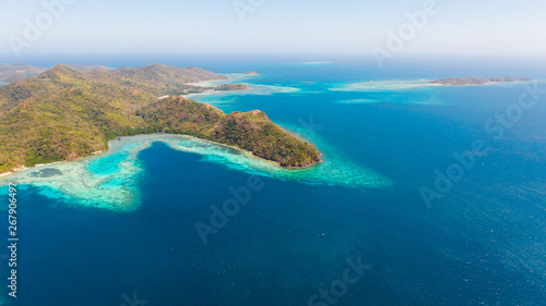 Blue sea and many islands.Ridge of islands in the ocean aerial view.Philippines, Palawan