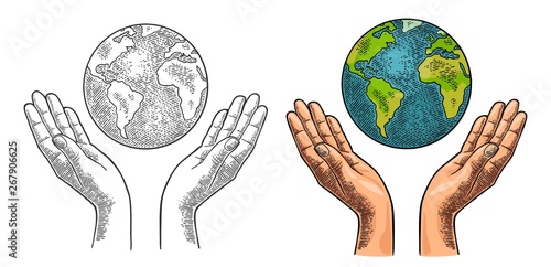 Earth planet in open female human palms. Vector black vintage engrav
