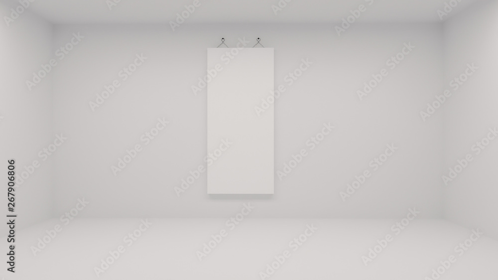 White poster in exhibition hung on the wall in white room. 3d rendering mockup. Iustration White poster in exhibition hung on the wall in white room. 3d rendering mockup. Iustration