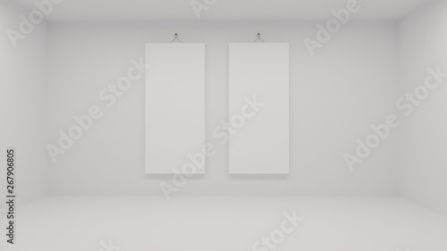 Two white posters in exhibition hung on the wall in white room. 3d rendering mockup. Iustration